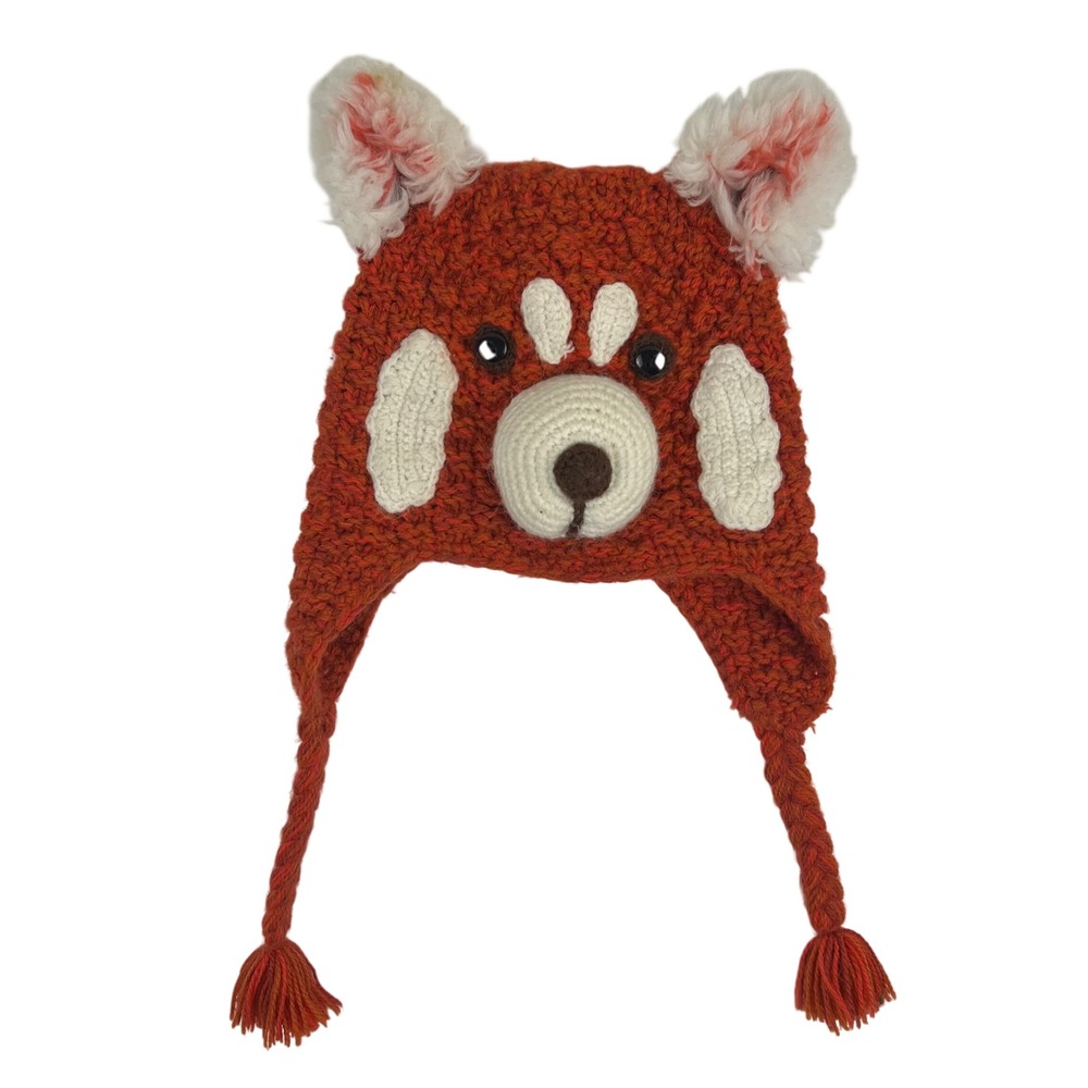 Andes Gifts Red Panda Knit Earflap Hat Alpaca‎ Blend Orange Animal Beanie Peru